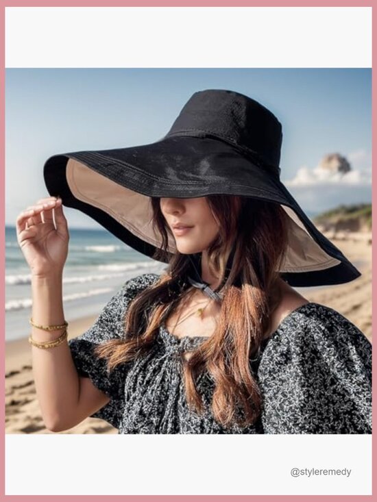 Wide Brim Reversible Bucket Hat for Women UV Protection Foldable Beach Sun Hat